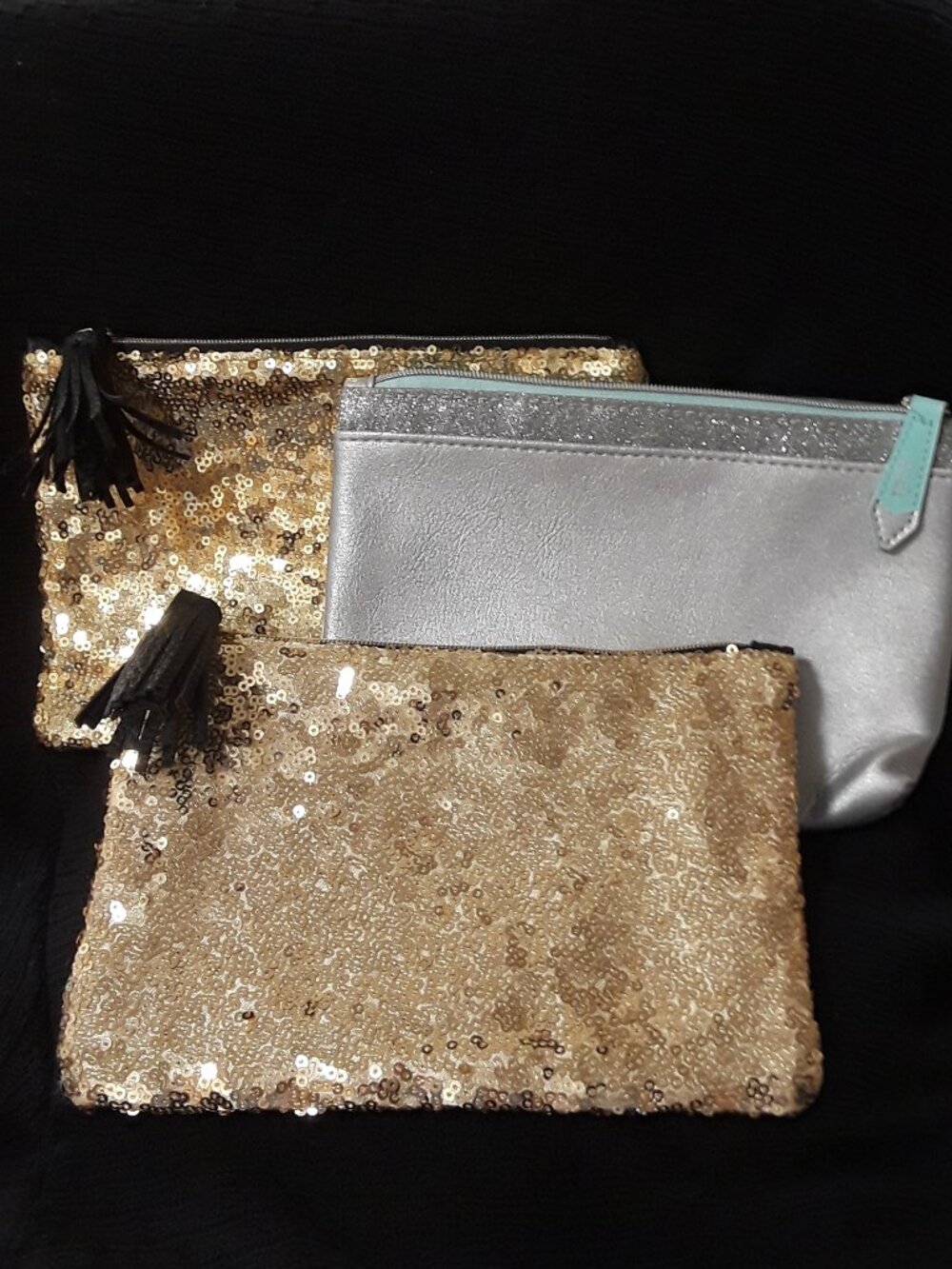 Set of 3 Ipsy Metallic Cosmetic Bags: 2 Gold Sequin Black Tassel & 1 Silver Aqua